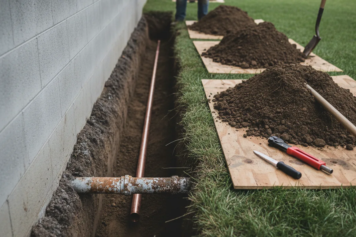 Excavated water line trench during Water Softener Installation in Vergennes